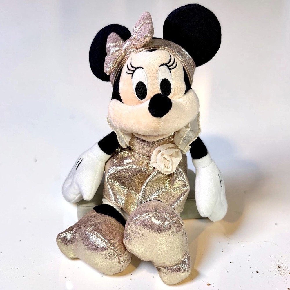 Disney Parks Minnie Mouse Rose Gold Plush Toy Pink Metallic Dress Bow 11" NWT